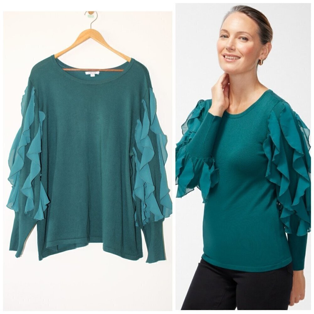 Chicos Spun Teal Ruffle Sleeve Women's Sweater Rayon Size XL Pull over Chic Top